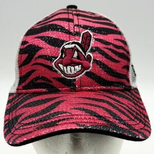 Vtg New Era Chief Wahoo Indians Hat Youth Ladies OSFA Pink Zebra Stripe Mesh Cap